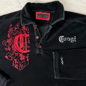 Vintage Coogi Velour Polo Shirt Mens M Black Red Flocked Crest HipHop Y2K Street